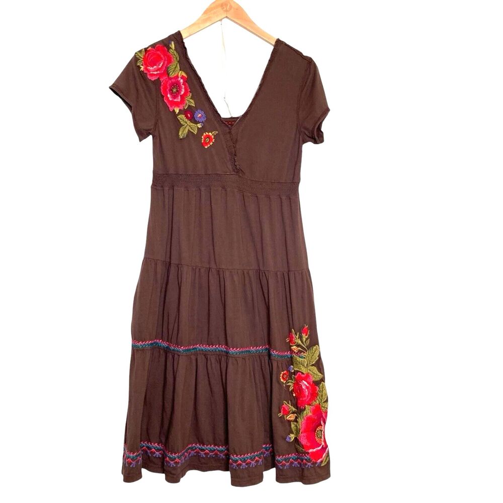 Johnny WAS Los Angeles Brown Floral Embroidered BOHO Cotton Peasant Tier Dress S